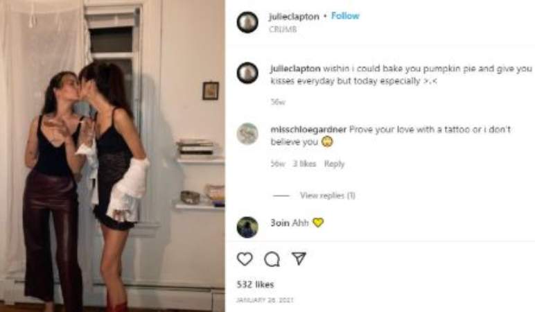 Julie Rose Clapton kissing a girl named Chloe Gardner. 
